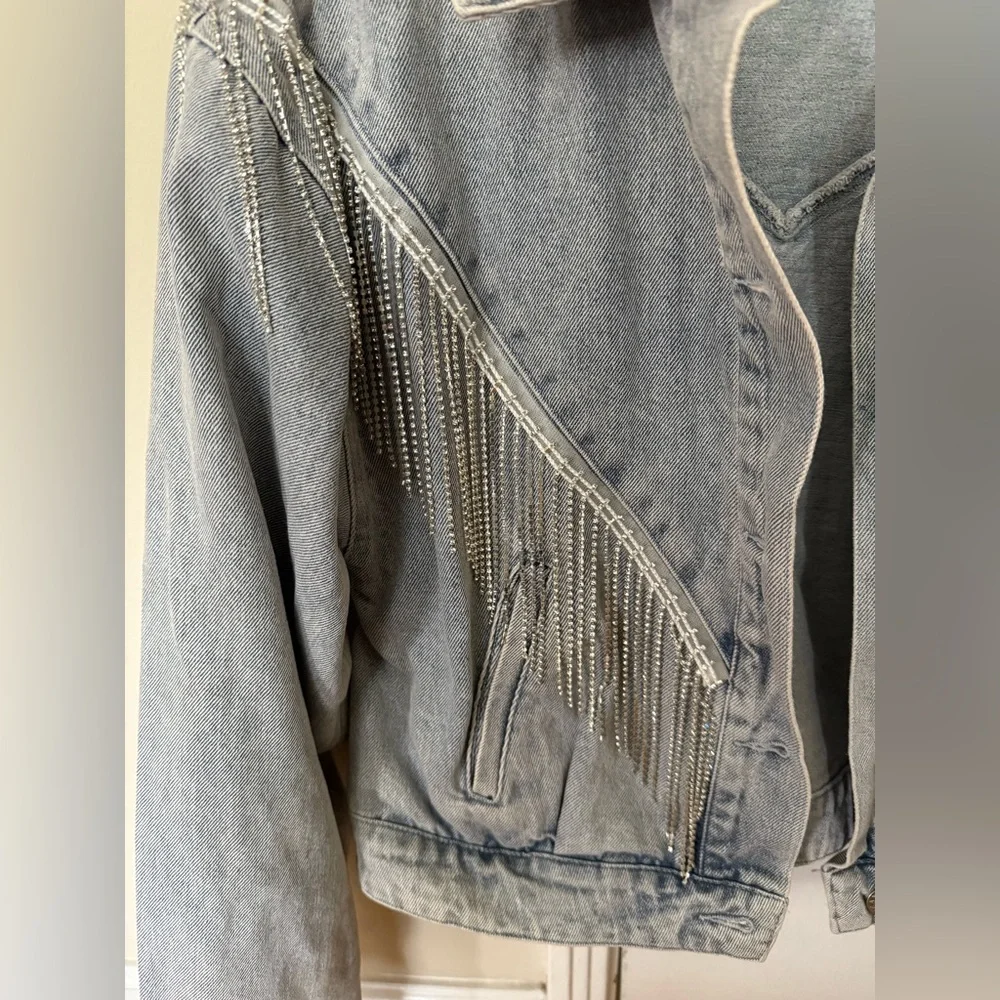 Windsor Rocker-Chic Rhinestone Fringe Denim Jacket, size L - Picture 6 of 14